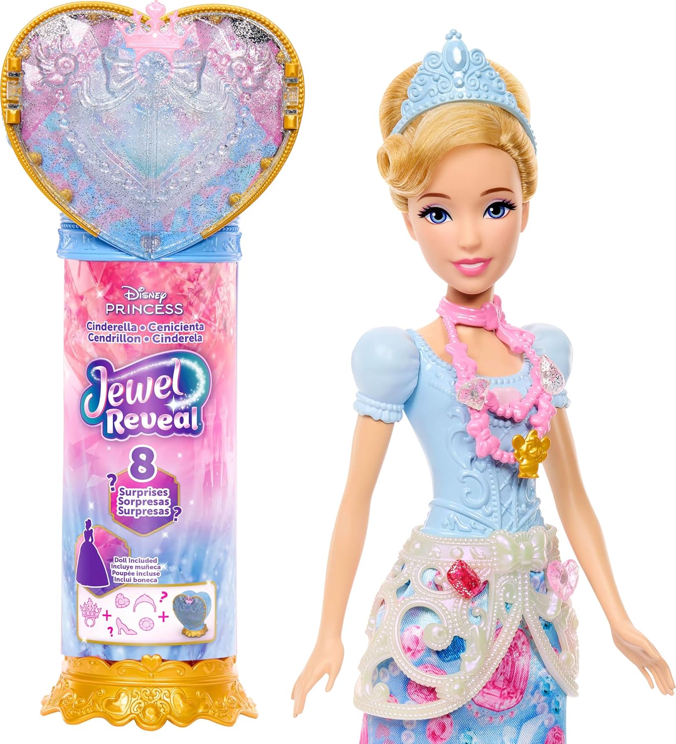Filmden ilham alan Disney Prensesi Cinderella bebek, aksesuarlar, kalp şeklinde değerli taş kutusu ile çocuk yüzüğü dahil 8 sürpriz ve 9 parça, JHL50