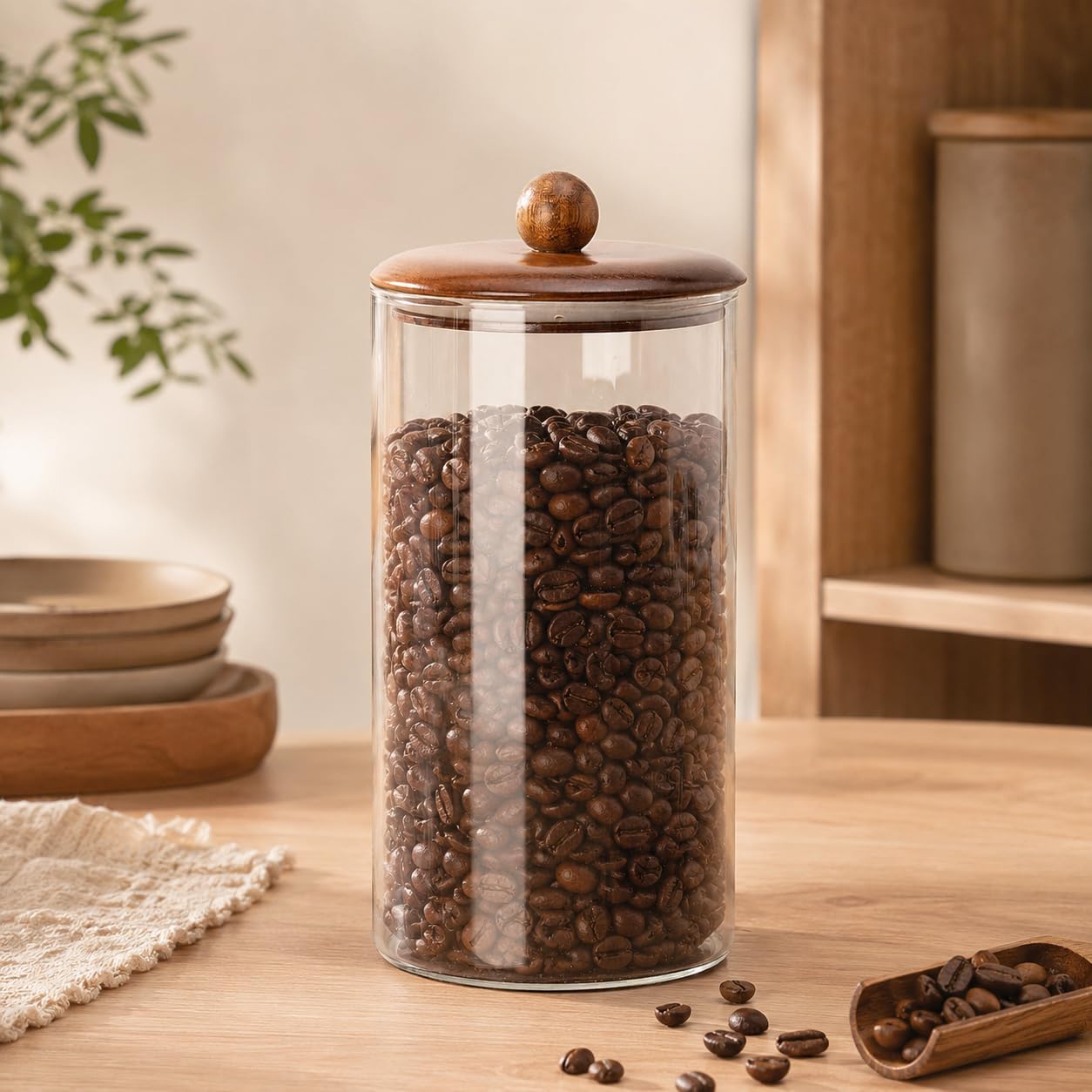 1550 ml Akasya Kapaklı Cam Kavanoz, Şeffaf Cam Saklama Kavanozu, Ahşap Kapaklı Mutfak Düzenleyici, Makarna Spagetti Bakliyat Kahve Kuruyemiş Kuru Gıda Saklama Kabı