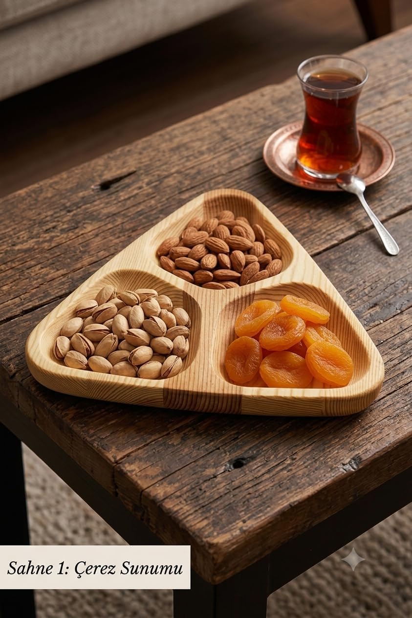 Doğal Ahşap Bölmeli Kahvaltılık & Çerezlik Sunum Tabağı | 5 Bölmeli Servis Tabağı | Kuruyemiş, Meze, Meyve ve Atıştırmalık Sunumu