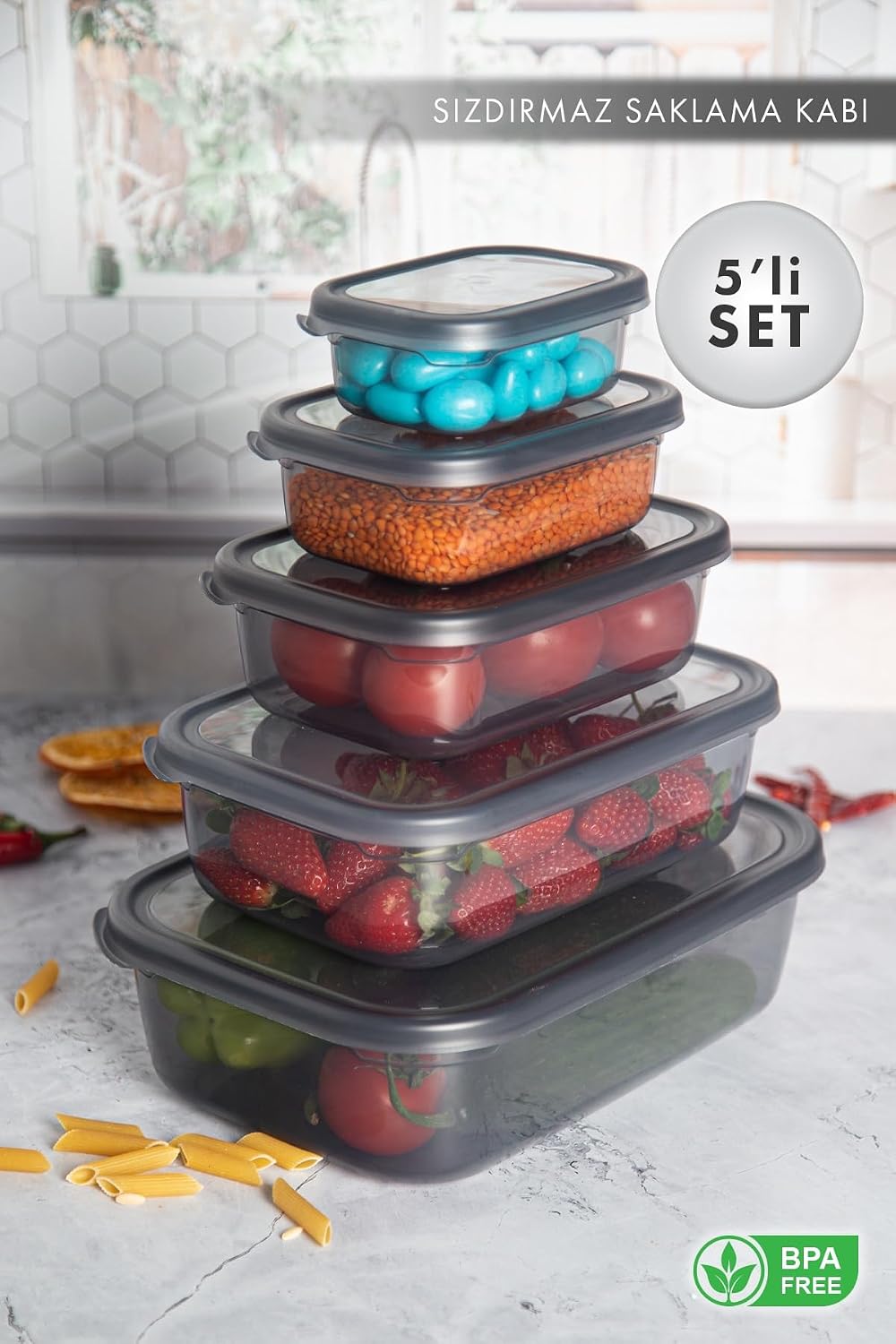 Nare Dikdörtgen Sızdırmaz Saklama Kapları Füme (5'LI SET)