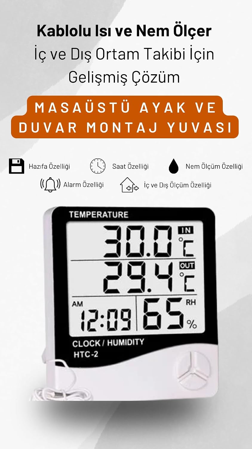 Htc-2 Dijital Termometre Saat Nem Ve Sıcaklık Ölçer Iç Dış Mekan