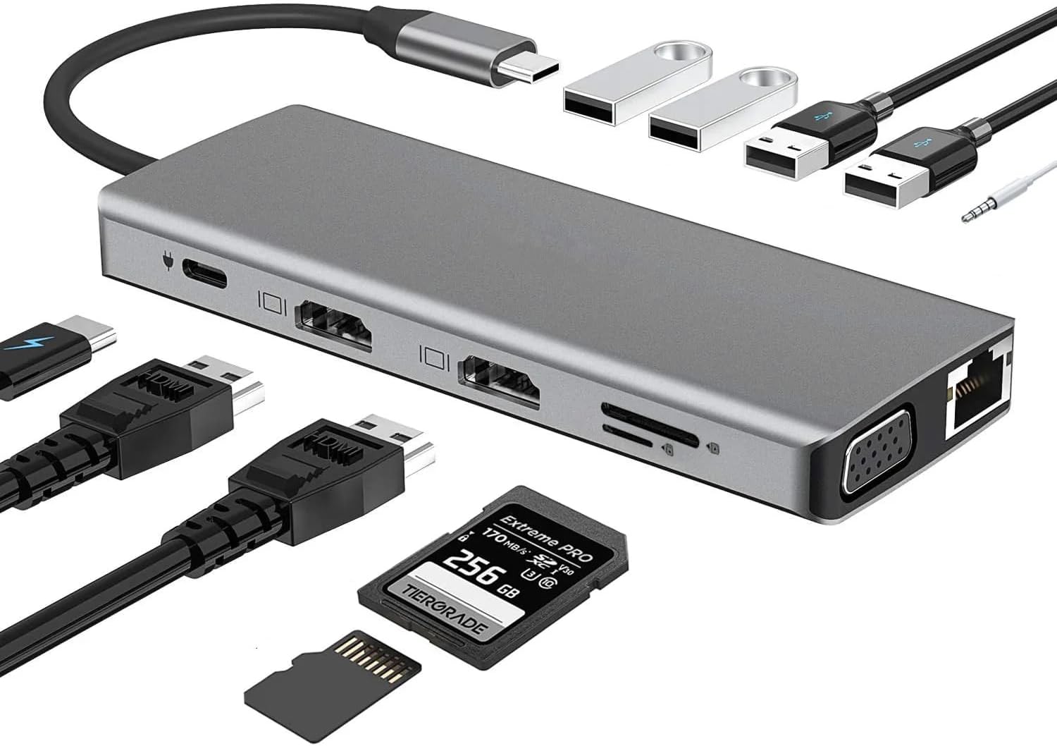 7031 Type C 12'si 1 arada USB C Hub, Çift 4K Video Çıkışı, VGA, RJ45, PD Şarj, SD/TF Kart Okuyucu, USB-A Girişi, 3.5mm Ses Girişi, Tip C Bağlantı İstasyonu