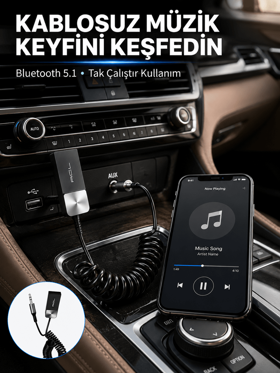 USB AUX Bluetooth Adaptörü Kablosuz Ses Aktarım Cihazı