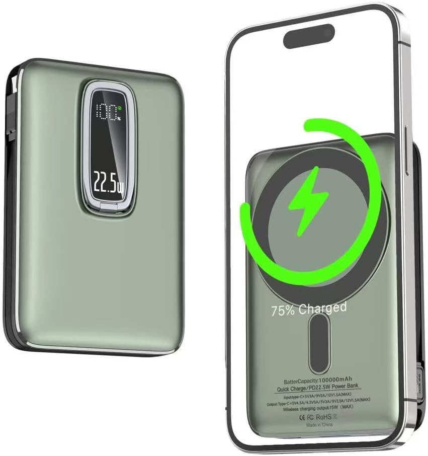 Magnetic Power Bank 10000 mAh Kablosuz Hızlı Şarj MagSafe Uyumlu LED Ekranlı, 22.5W PD QC Taşınabilir Şarj Cihazı, Standlı, Type-C USB Powerbank Güç Kaynağı YEŞİL