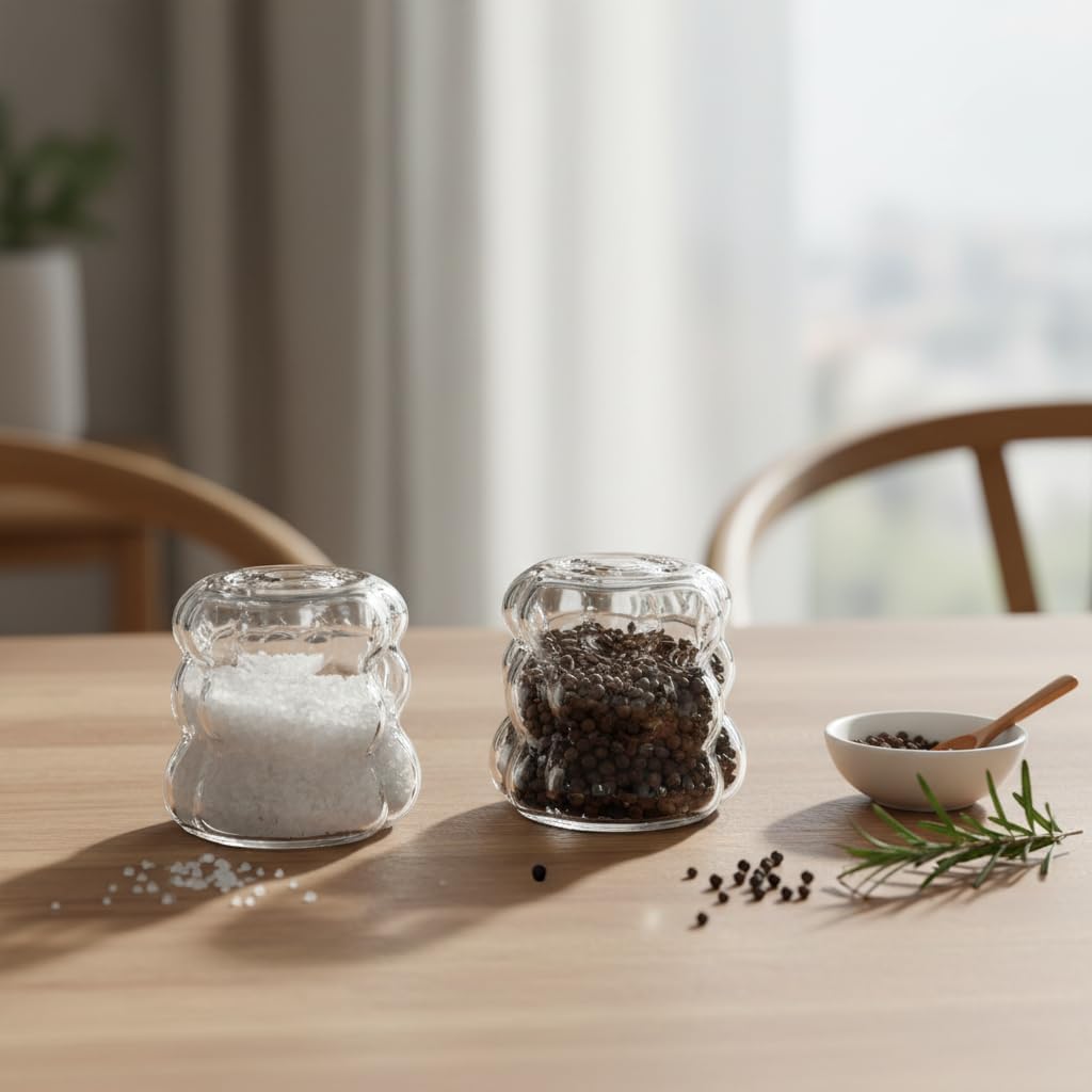 2'li Şeffaf Cam Tuzluk ve Biberlik Seti - Bubble (Küre) Desenli Alttan Dolumlu Minimalist Baharatlık (5 cm)