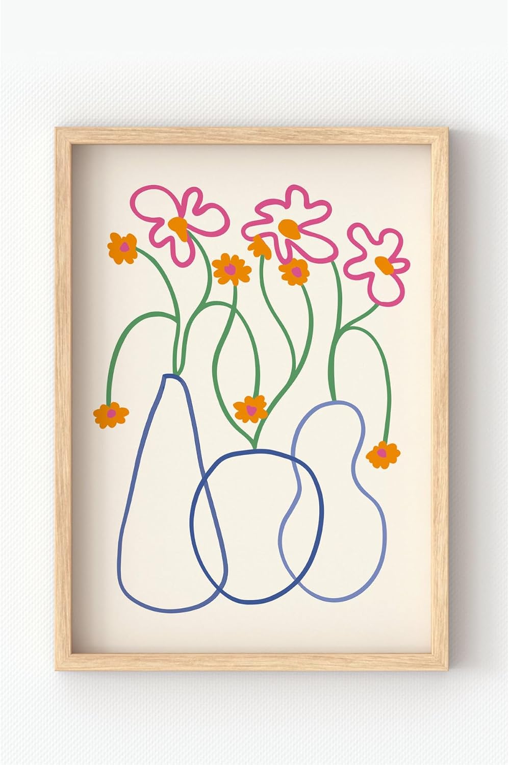 Ahşap Çerçeveli Renkli Çiçek Çizgi Sanatı Poster – Minimal Line Art Duvar Dekoru Ahşap Çerçeveli 21 x 30