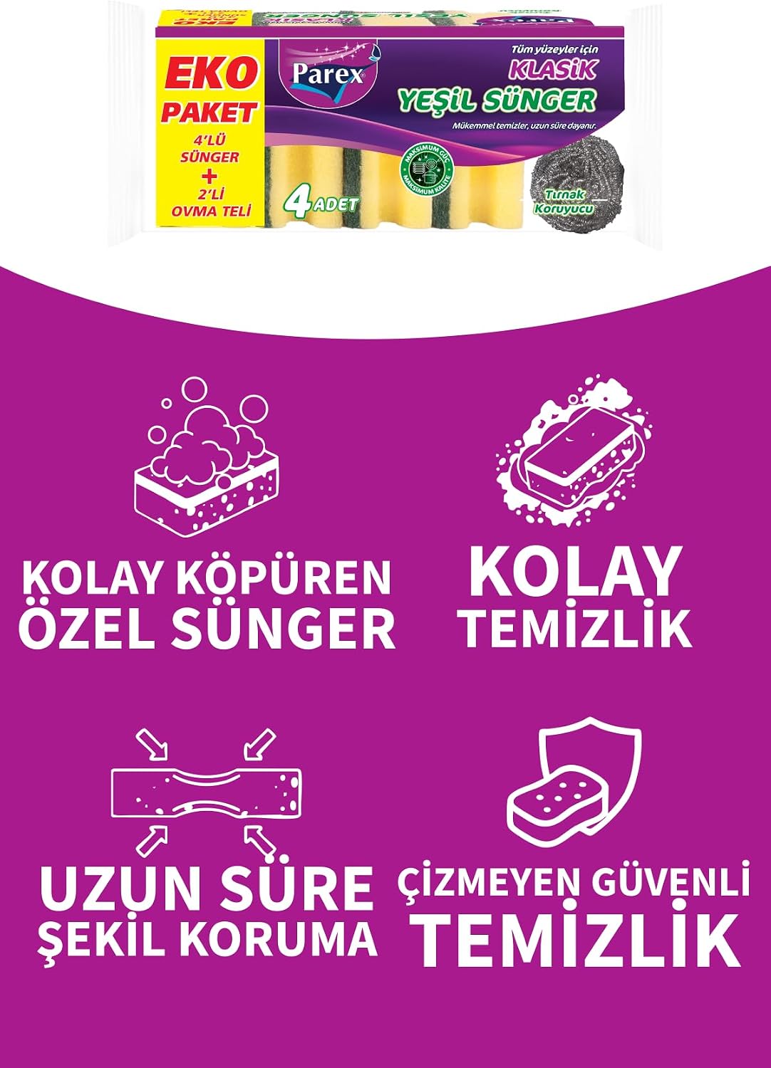 Klasik Yeşil Sünger Oluklu 4'lü + 2’li Ovma Teli