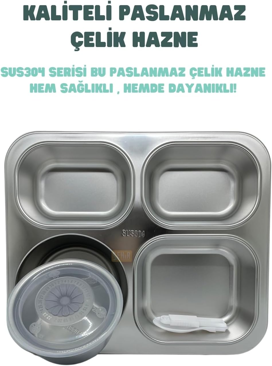 Vagonlife Bento 1200ml Lunchbox Tek Katlı 4 Bölmeli ve Kaseli Çelik Sefer Tası Yemek Kutusu (Gri)