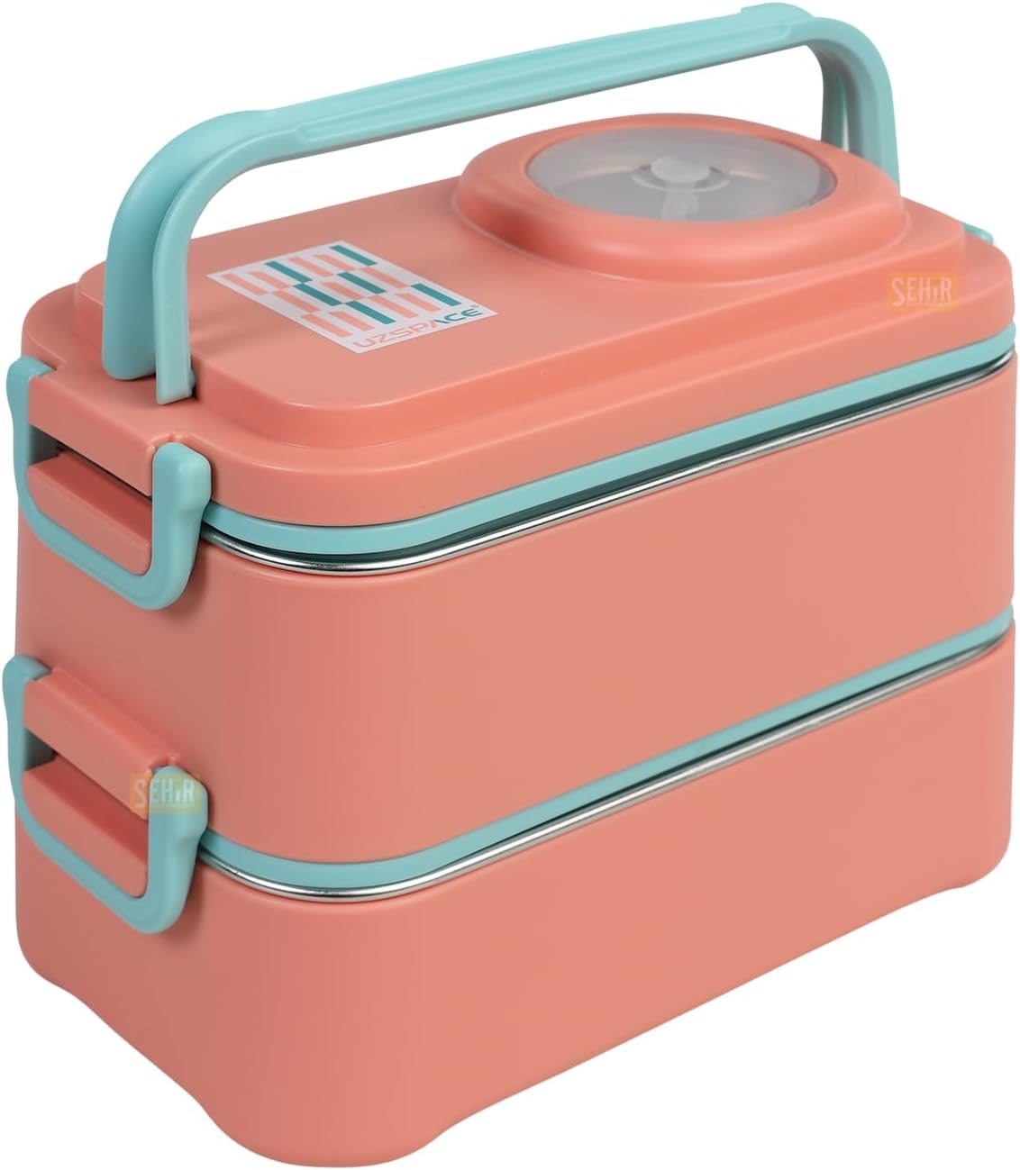 1200ml Lunchbox 2 Katlı 4 Bölmeli Mini Kaseli Çelik Sefer Tası Yemek Kutusu (Turuncu-Turkuaz)