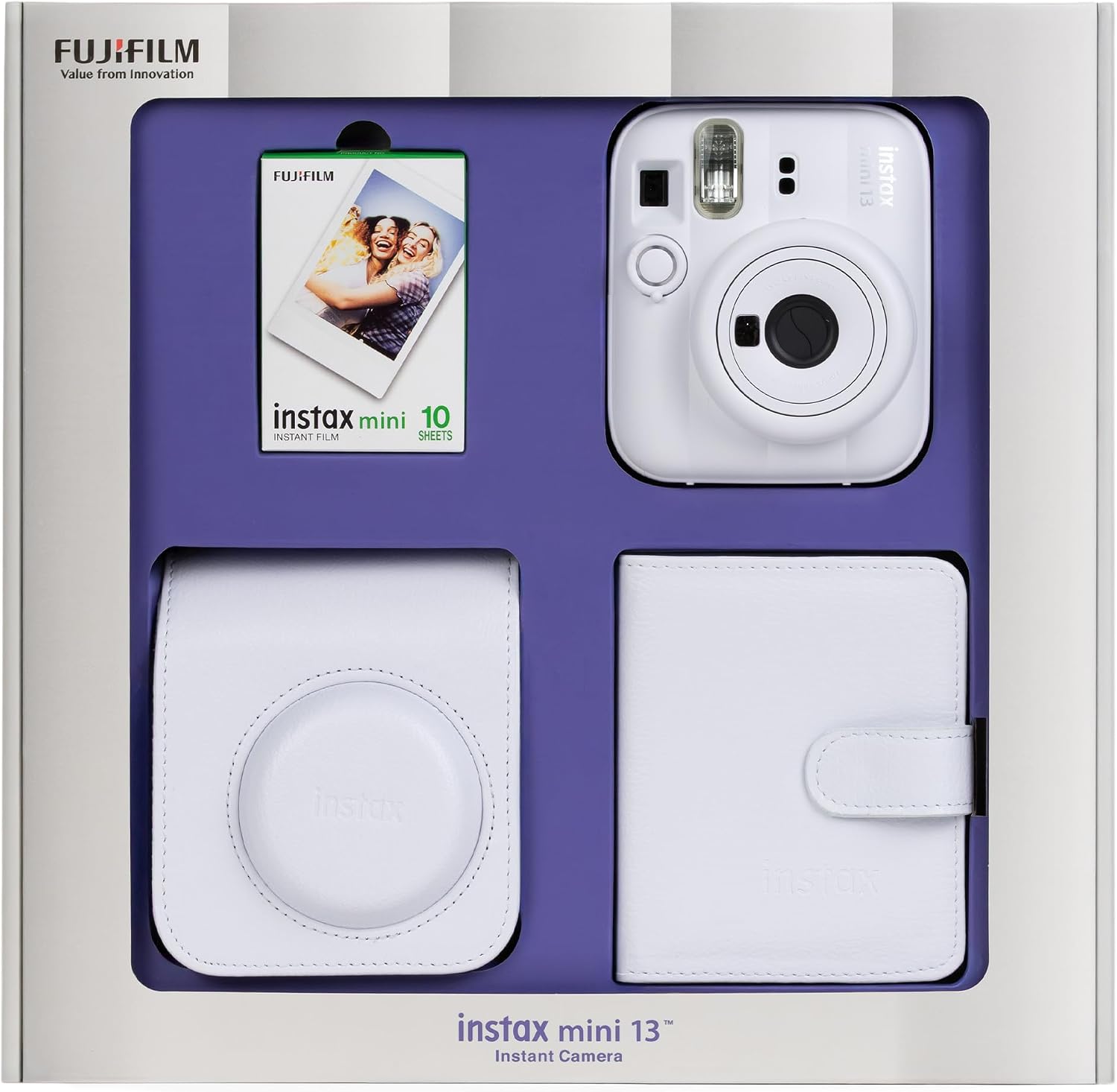 mini 13 Fotoğraf Makinesi 10'lu Film Kare Albüm ve Deri Kılıf Bundle Box (Beyaz)