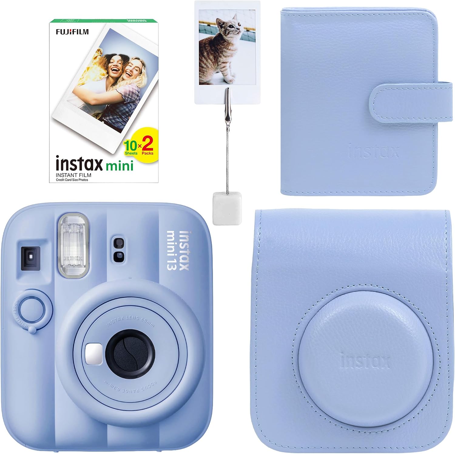 Mini 13 Fotoğraf Makinesi Deri Çanta Albüm Kıskaç ve 20'li Film Hediye Seti (Frost Blue)