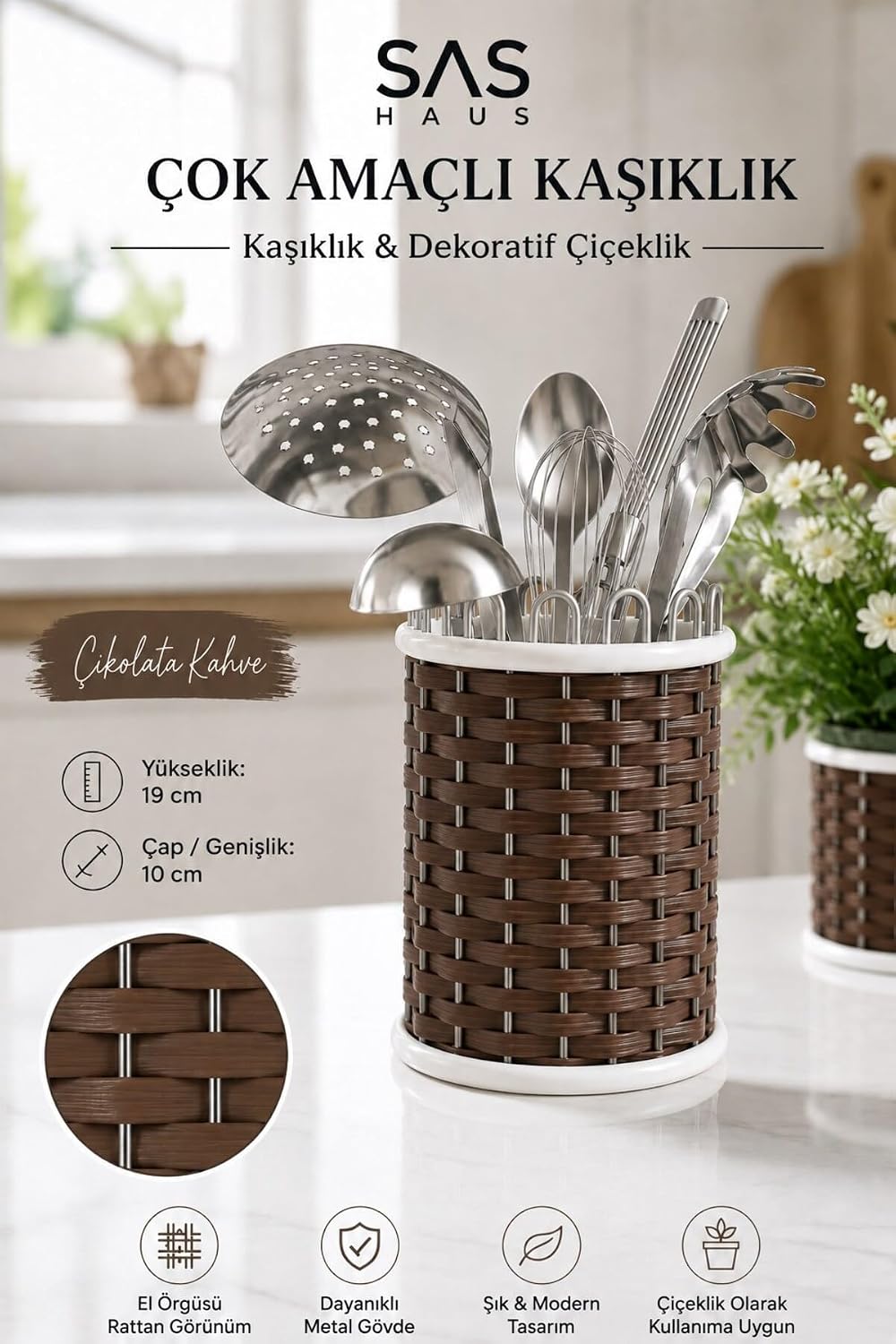 Hasır Görünümlü Metal Kaşıklık 19 cm – Tezgâh Üstü Çok Amaçlı Mutfak Düzenleyici ve Dekorat, Kahverengi