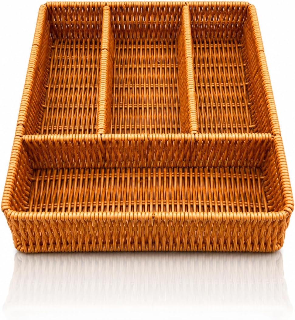 Çekmece İçi Kaşıklık – Hasır Görünümlü Rattan 4 Bölmeli Çatallık Bıçaklık, Düzenleyici Organizer, Mutfak Tezgah Üstü Kaşık Düzenleme Kutusu