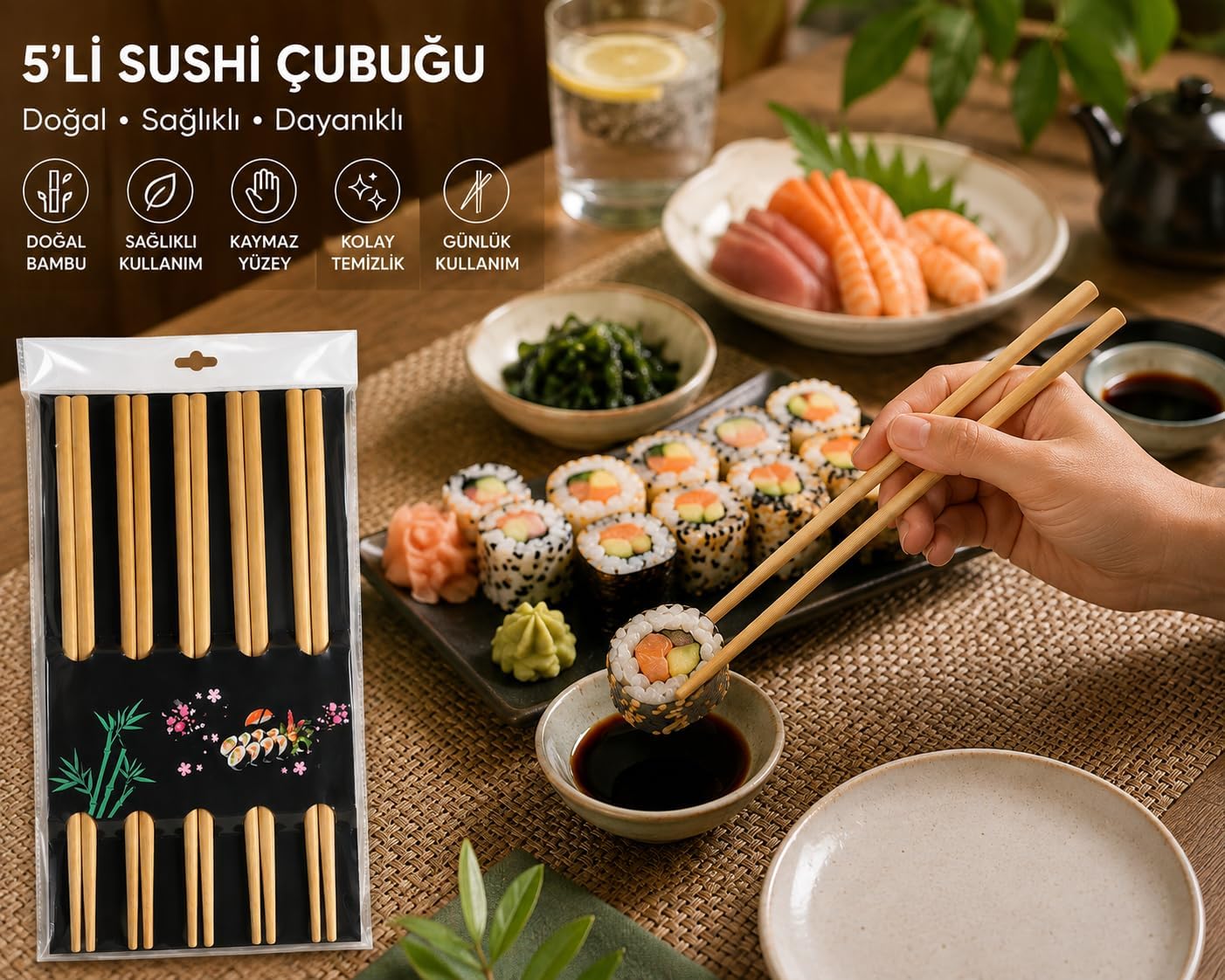 Bambu Yemek Çubuğu Seti, Sushi ve Asya Mutfağı için, 5 li set10 Adet