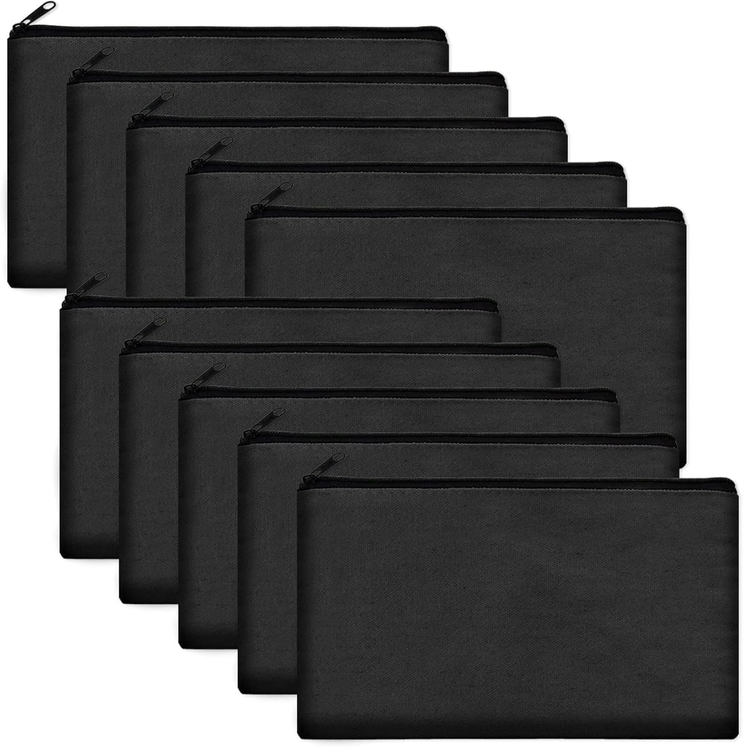 Kendin yap makyaj çantaları, 10'lu set siyah kanvas kumaş çanta, 21×13cm fermuarlı kalemlik ve kozmetik çantası, seyahat ve depolama için çok fonksiyonlu kumaş çantalar