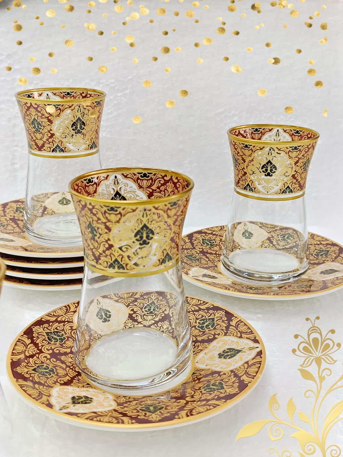 Heybeli Altın Bordo Desenli Cam Porselen Çay Seti 6 Kişilik Tea Set For 6 Persons Premium Porcelain