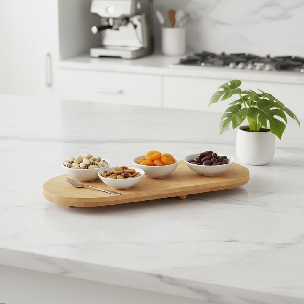 Ayaklı Bambu Sunum Tabakları, Ayaklı Bambu Sunumluk, Kek, Börek, Çörek ve Çikolata Sunum Tepsisi Yuvarlak Kenarlı Oval Sunumluk (32xm*12cm*1,5cm)