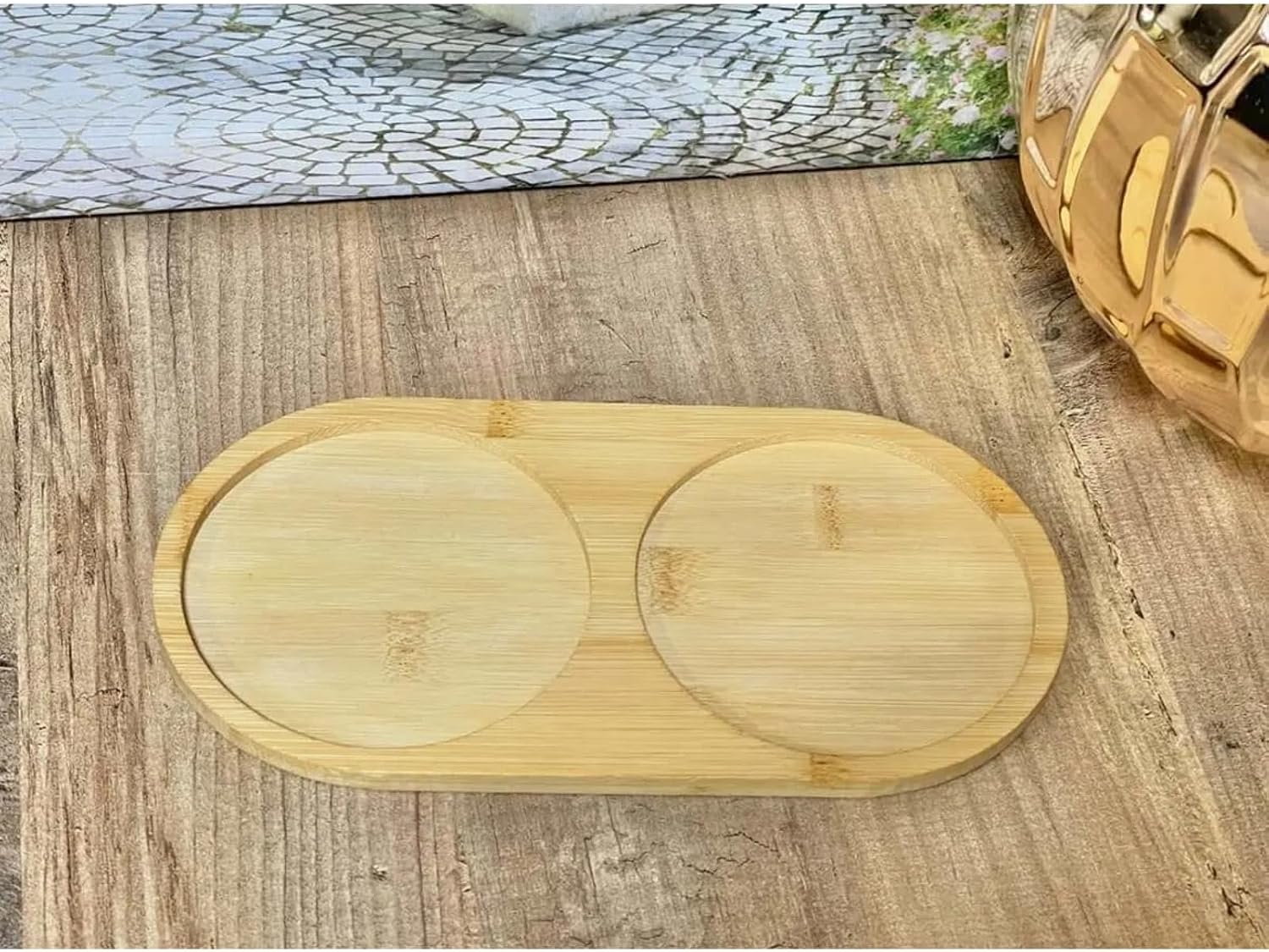 Bambu 2 Bölmeli Oval Yağdanlık ve Sosluk Altlığı - Şık Doğal Ahşap Görünümlü Stand, Mutfak Tezgahı İçin Düzenleyici ve Çok Amaçlı Kullanım