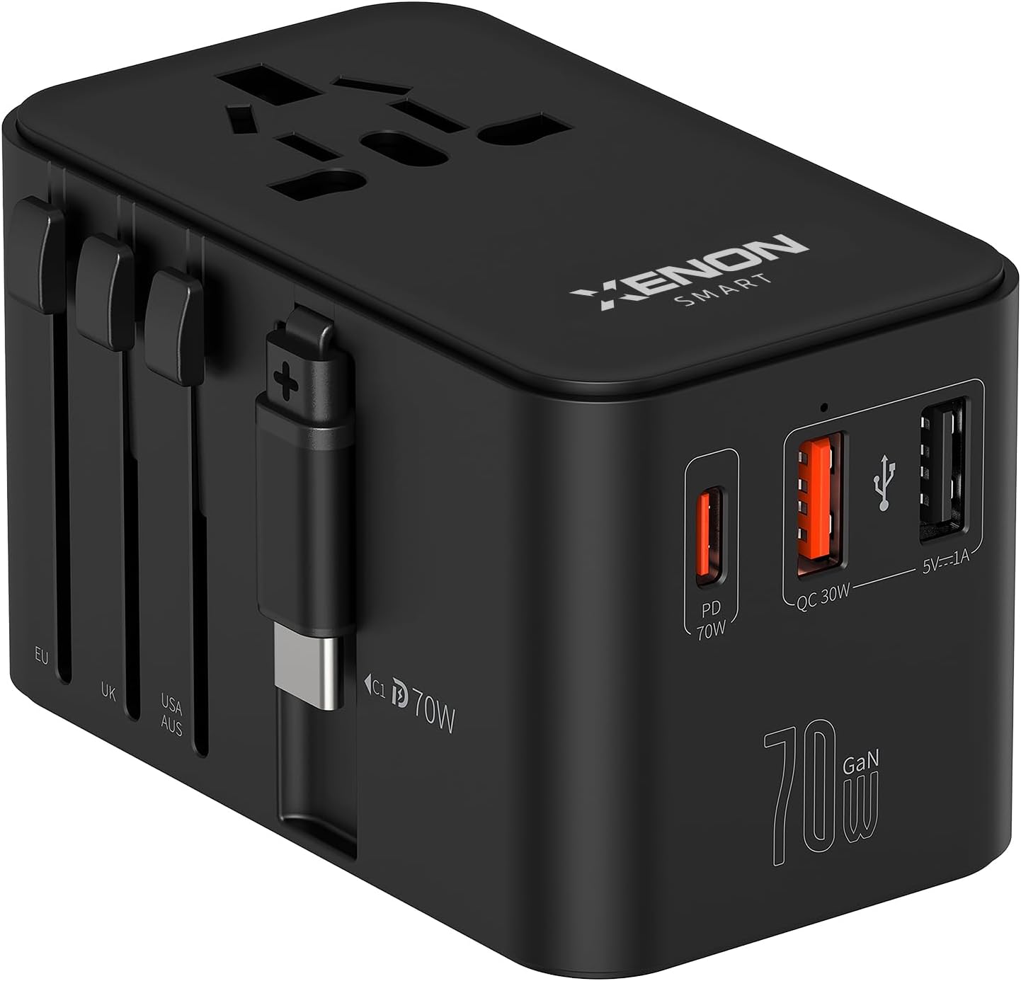Priz Dönüştürücü | 70W GaN Hızlı Şarj 200+ Ülke Dahili USB-C Kablo USB-C 2x USB-A X6411
