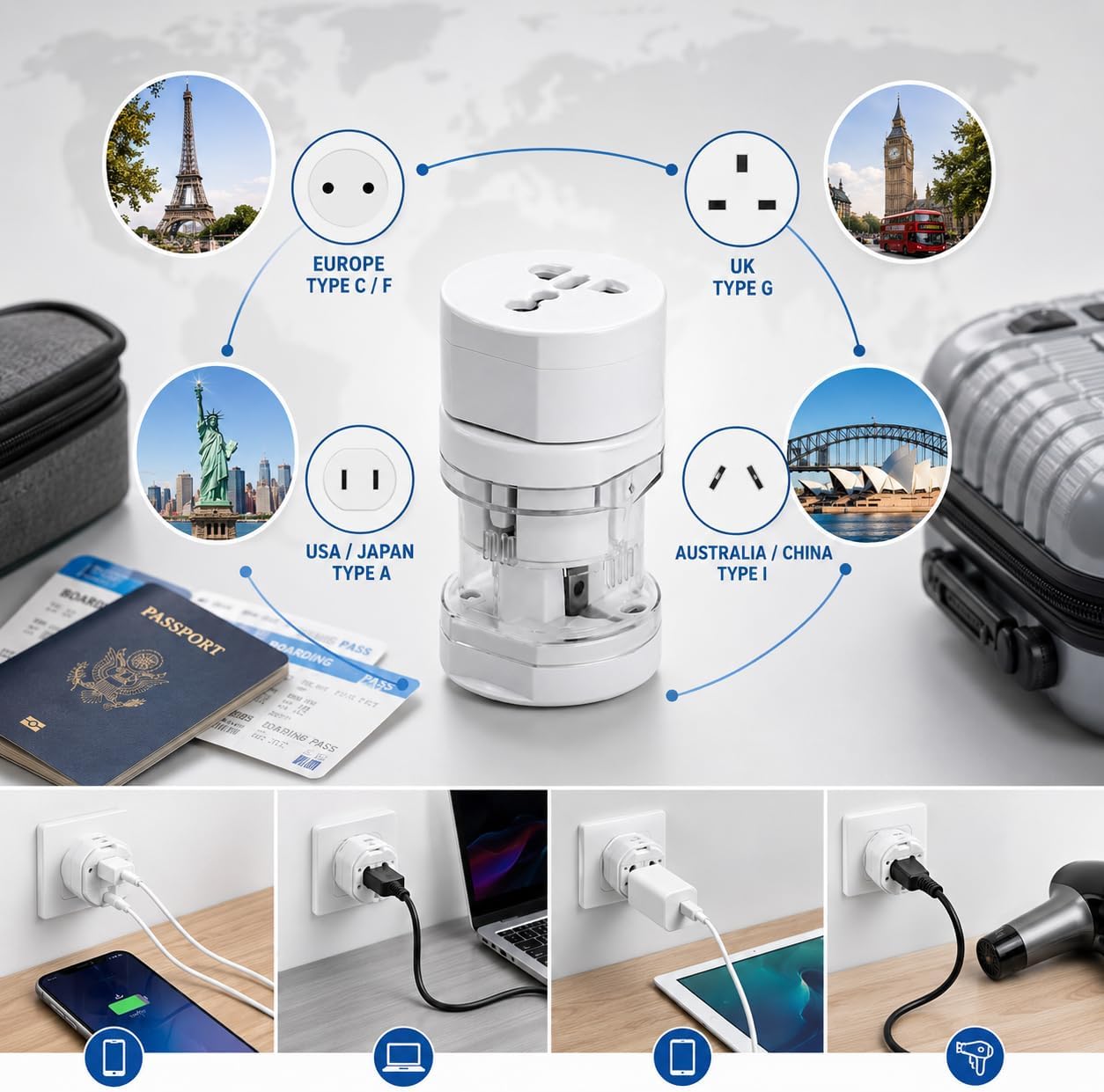 Uluslar Arası Adaptör Evrensel Priz-fiş 4 Lü Çevirici Hepsi Bir Arada Seyahat Adaptörü Universal Travel Adapter All-in-one Avrupa İngiltere ABD Japonya Avusturalya Çin