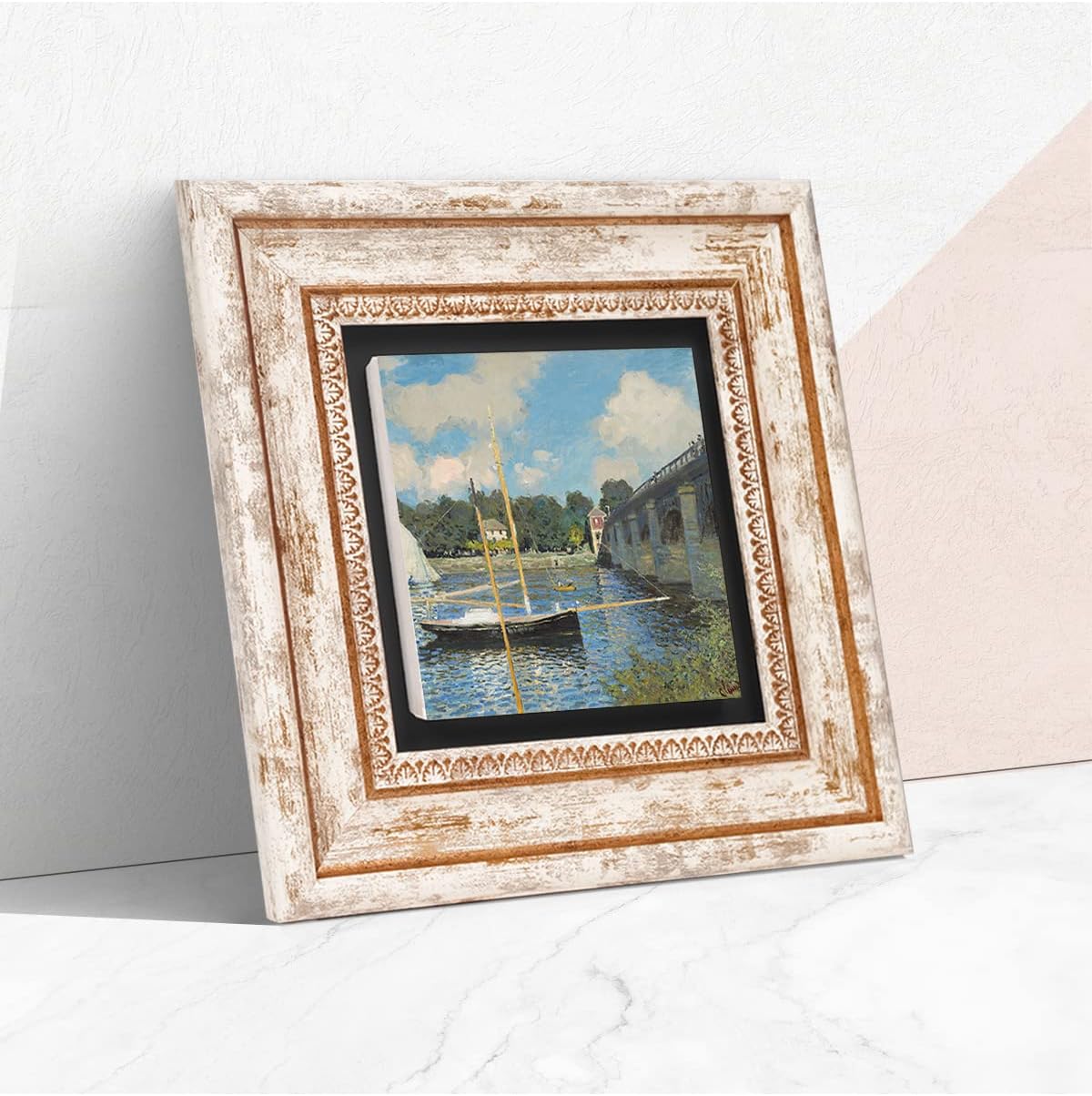 Claude Monet Argenteuil'de Köprü Taş Duvar Tablosu - Çerçeveli Taş Tablo - Dekoratif Duvar Sanatı - Modern Ev ve Ofis Duvar Dekoru T1-248
