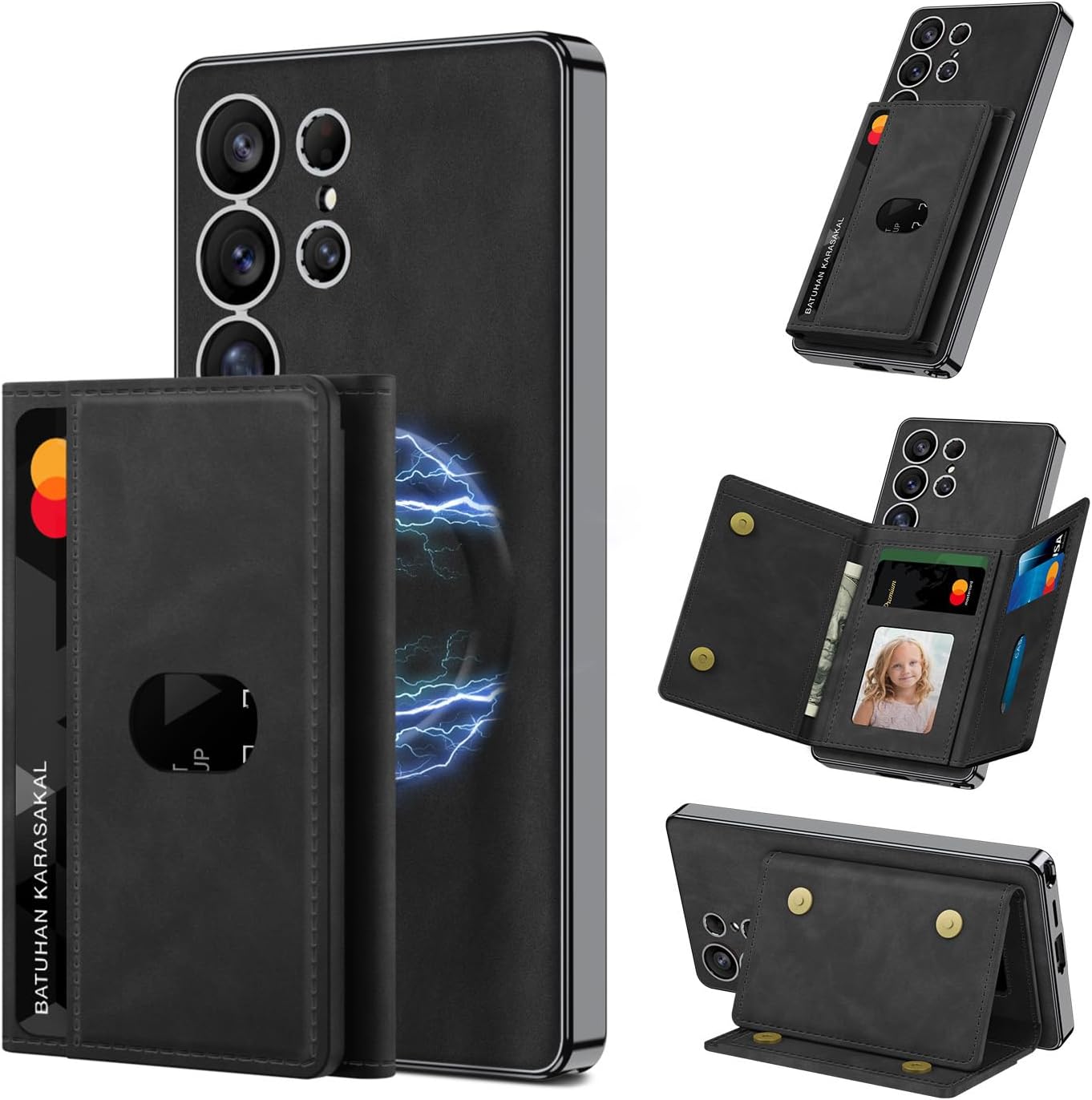 Samsung Galaxy S25 Ultra ile Uyumlu Kılıfı Kartlıklı Stand Olabilen M-Safe Şarj Özellikli Kamera Lens Korumalı Suni Deri Tasarımlı Kapak Kıpta Siyah