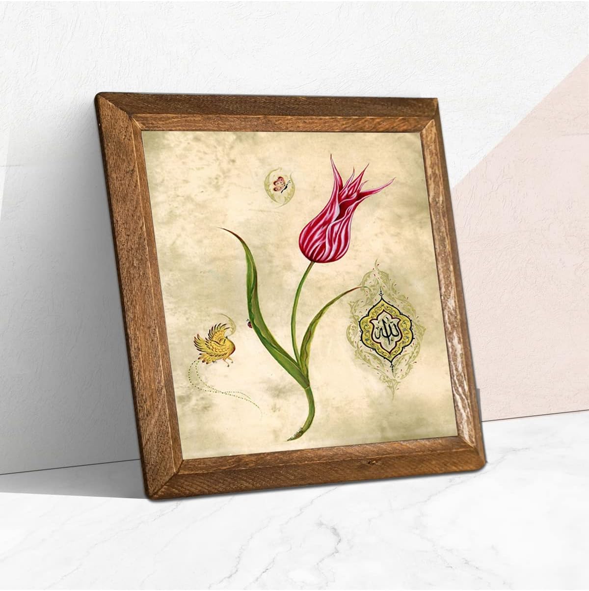 Pinecone Lale Ebru Sanatı Taş Duvar Tablosu - Ahşap Çerçeveli Taş Tablo - 25x25 cm - Dekoratif Duvar Sanatı - Modern Ev ve Ofis Duvar Dekoru W1-134