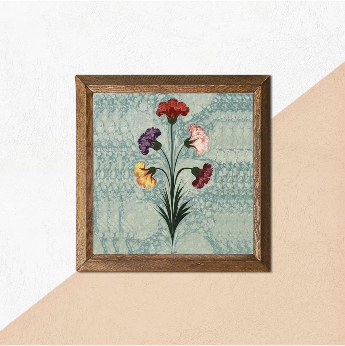 Pinecone Ebru Sanatı Taş Duvar Tablosu Ahşap Çerçeveli Duvar Dekoru Wall Art 25x25cm W1-243