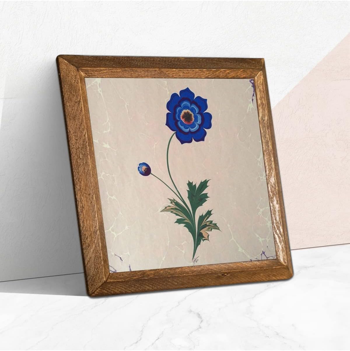 Pinecone Ebru Sanatı Taş Duvar Tablosu - Ahşap Çerçeveli Taş Tablo - 25x25 cm - Dekoratif Duvar Sanatı - Modern Ev ve Ofis Duvar Dekoru W1-136