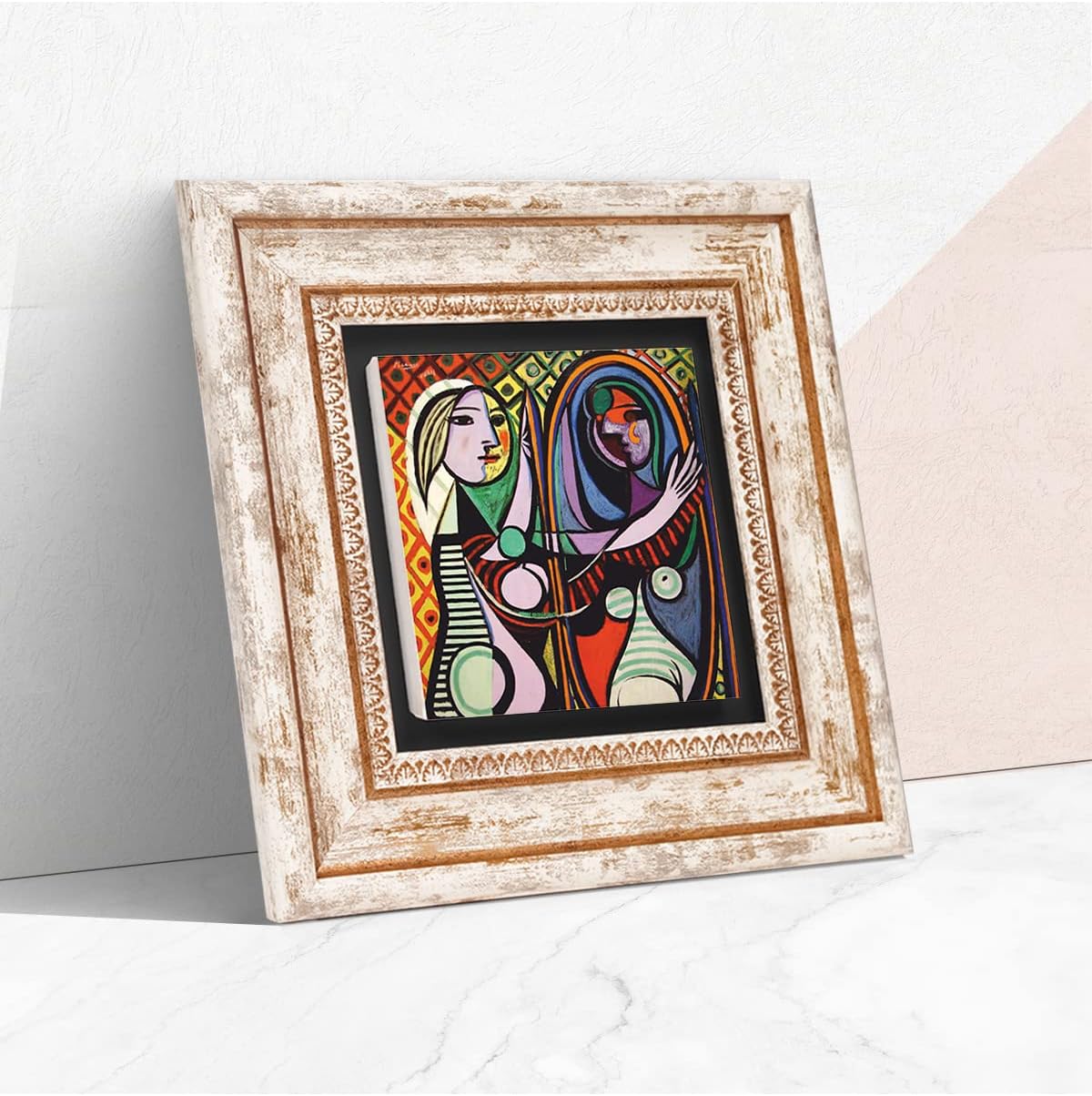 Picasso Ayna Karşısındaki Kız Taş Duvar Tablosu - Çerçeveli Taş Tablo - Dekoratif Duvar Sanatı - Modern Ev ve Ofis Duvar Dekoru K1-301