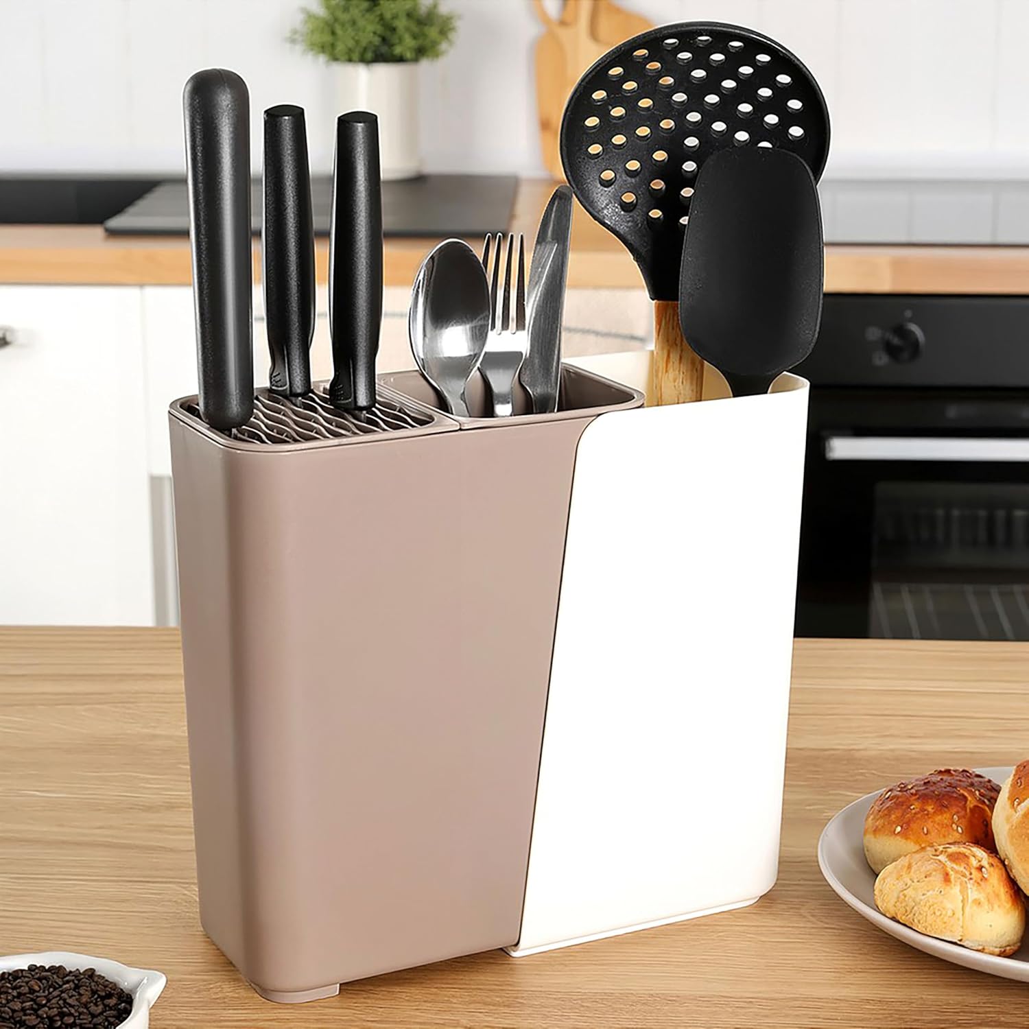 Çok Fonksiyonlu Mutfak Düzenleyici, 2-3 Bölmeli Ayarlanabilir Genişlik, Çatal Kaşık Bıçak Tutucu, 17-24 cm Genişlik (Krem)