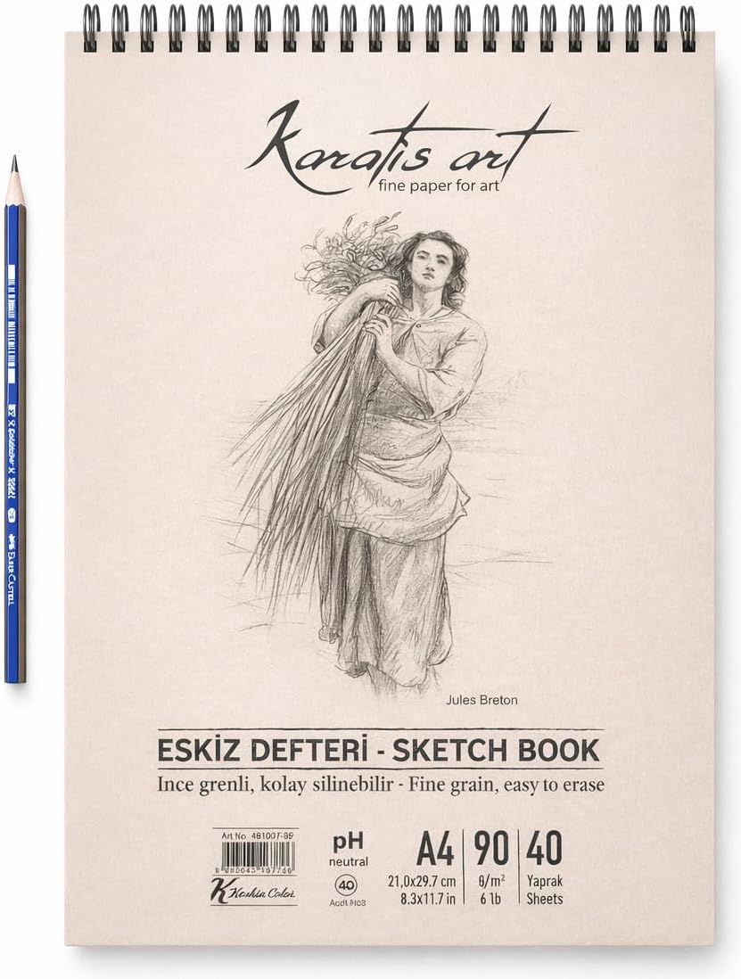 A4 Eskiz Defteri, İnce Grenli, Kolay Silinebilir pH Nötr Kağıt, Spiralli Sketch Book, 90 g/m², 40 Yaprak, Çizim ve Karakalem İçin