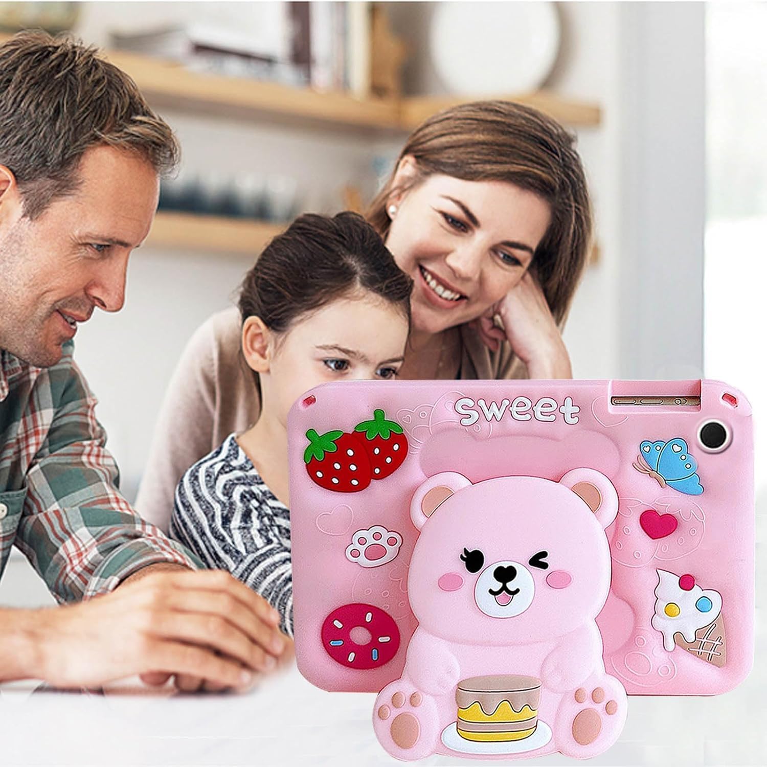 Galaxy İçin Tablet Kılıfı T220 T290 T500 S6 Lite A9 Plus İle Uyumlu Çocuk Tablet Kılıfı Pembe Tablet Kılıfı Sevimli Standlı Ayıcıklı Kalemlikli Boyun Askılı (S6 lite P610)
