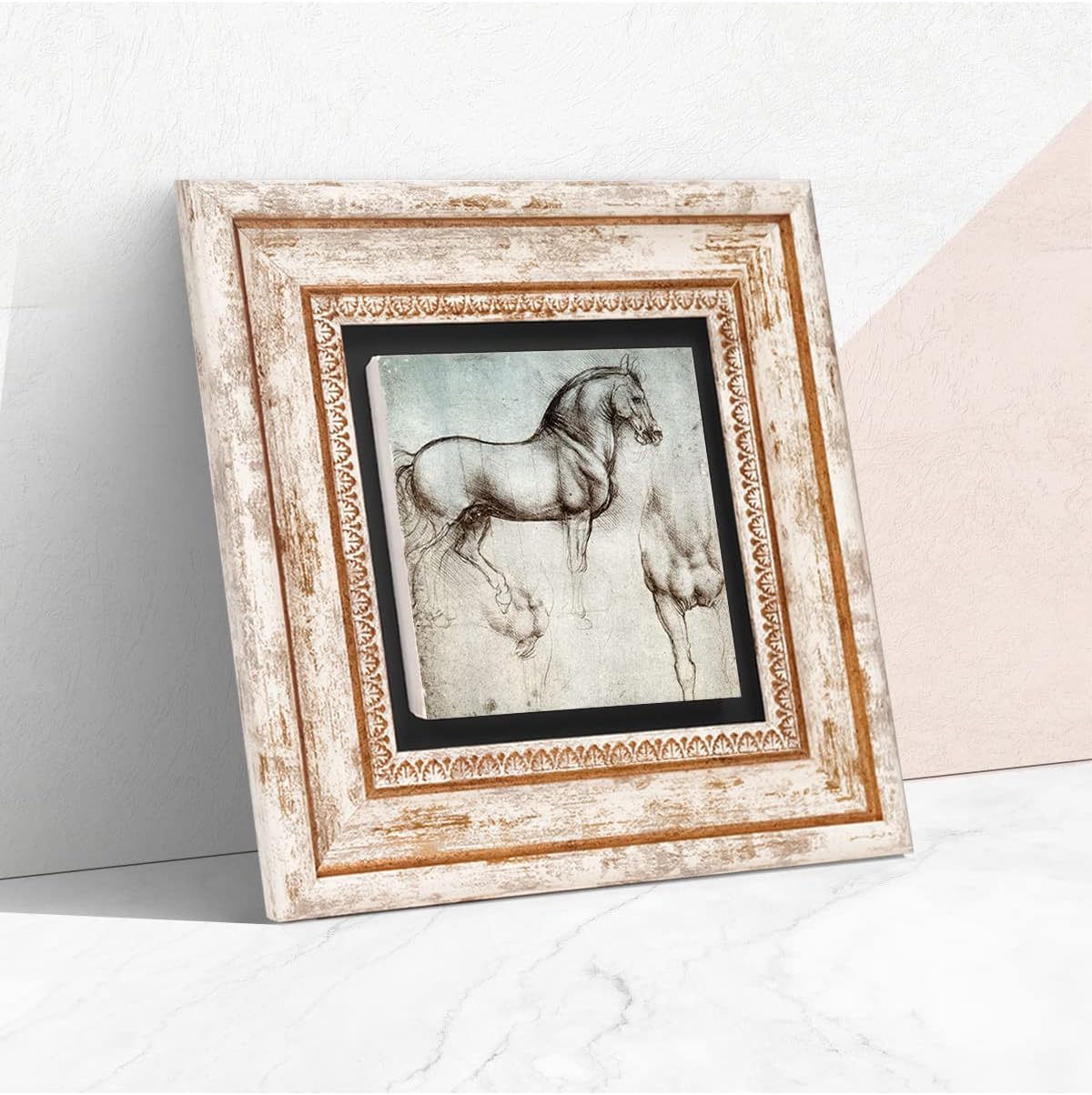 Leonardo da Vinci At Heykeli Taş Duvar Tablosu - Çerçeveli Taş Tablo - Dekoratif Duvar Sanatı - Modern Ev ve Ofis Duvar Dekoru T1-16