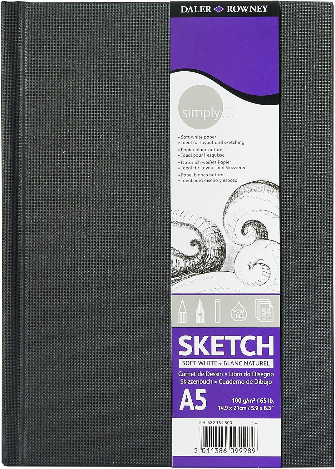 Daler-Rowney Simply Medium Grain 100 g/m² sert kapak, A5 eskiz defteri, yumuşak beyaz, 54 yaprak, giriş seviyesi eskiz defteri, öğrenciler ve hobiler için ideal