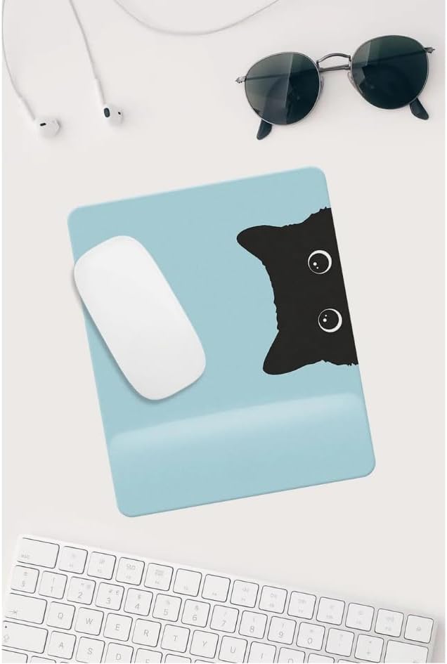 HobiShop(107) Jel Dolgulu Pvc Yüzey Mavi Kedi Çizimli Bilek Destekli Dikdörtgen Mouse Pad Mouse Altlığı. Mavi