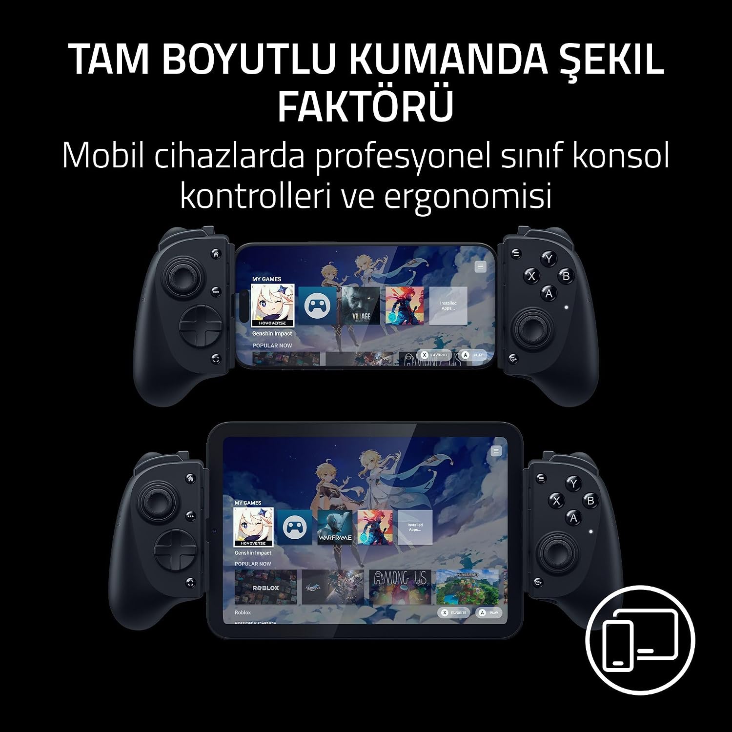 Kishi V3 Pro - iPhone, Android akıllı telefonlar ve tabletler için tam boyutlu mobil kontrol cihazı 8" - USB-C - Kaymayı önleyen analog çubuklar (Sensa HD Haptics, Nexus App) Siyah
