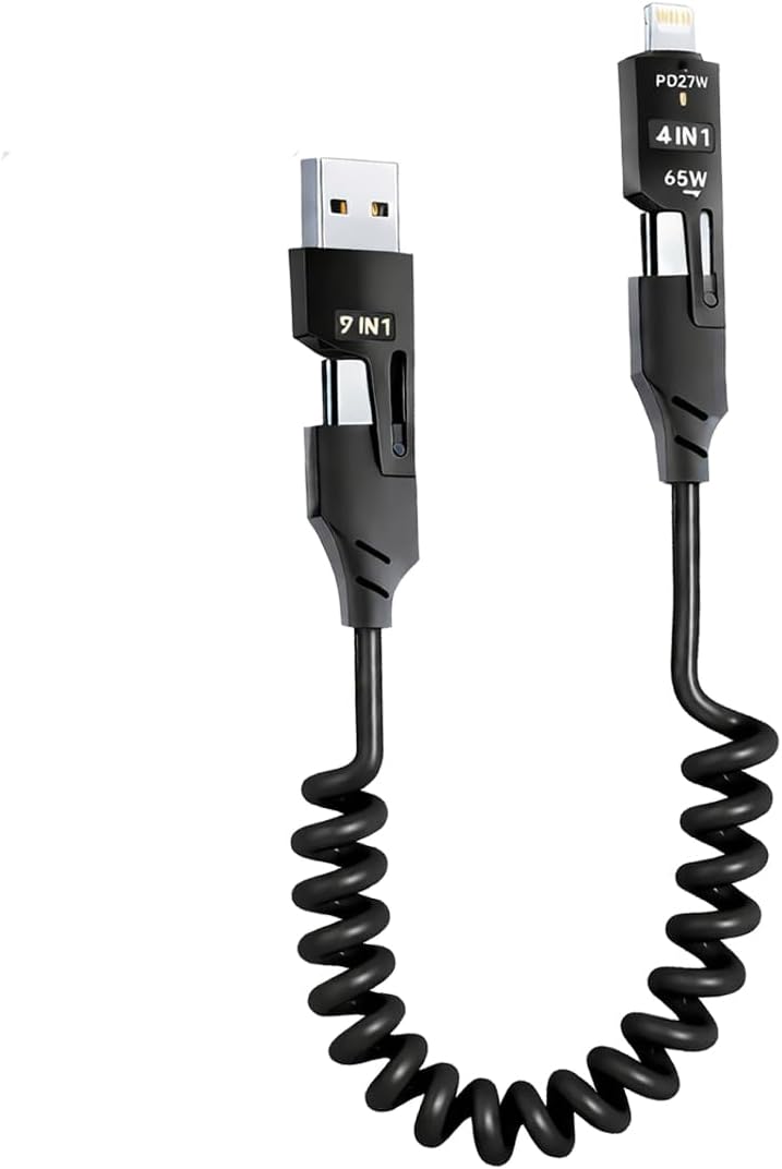 4’ü 1 Arada 65W Yaylı Hızlı Şarj Kablosu Type-C & Lightning PD Destekli, Dolaşmaz Spiral Tasarım, 1.5m Uzayabilir, Araç & Ev Uyumlu Şarj ve Veri Kablosu (Siyah)