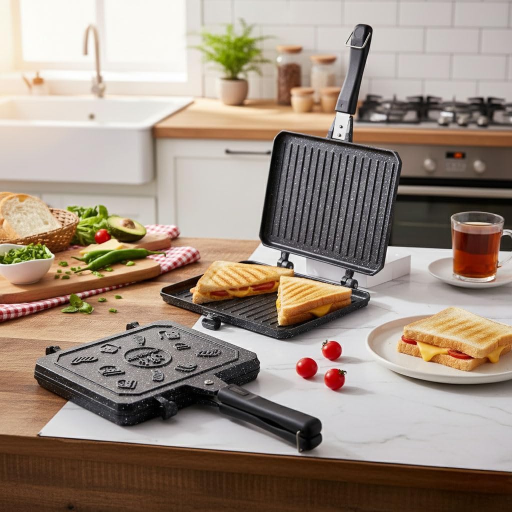 Çift Taraflı Ocak Üstü Döküm Tost Makinesi, Granit Efektli Yanmaz Yapışmaz Sandviç ve Tost Tavası - Hamburger, Omlet ve Aperatifler İçin İdeal | Ergonomik Saplı Kolay Temizlenebilir Grill Tava