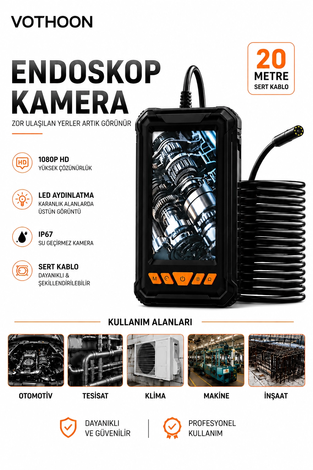 20 Metre Tek Kameralı Endoskop Kamera 1080P HD LED Aydınlatmalı Sert Kablolu Yeni