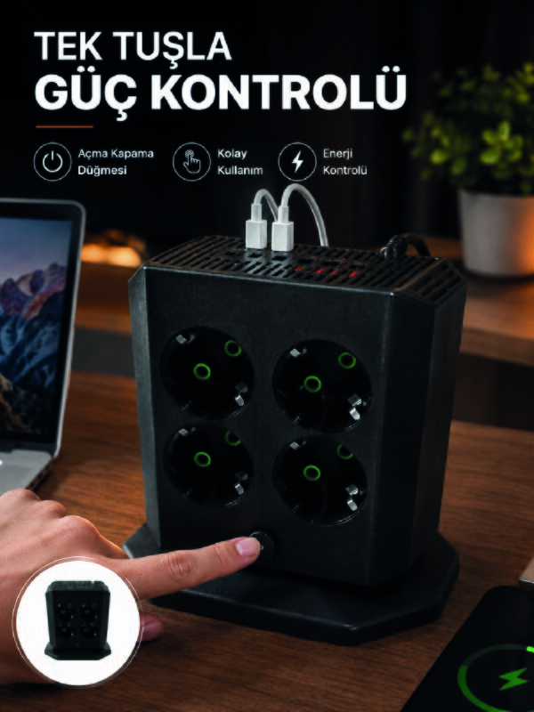 Akım Korumalı 8'li Dikey Priz 4 USB 2 Type-C Hızlı Şarj Destekli Çoklu Priz