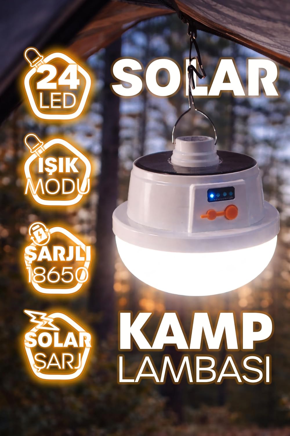 Şarjlı Solarlı Kamp Lambası 5 MODLU Orta-Yüksek Işık SOS Askılı Işıldak Kamp El Feneri 47724