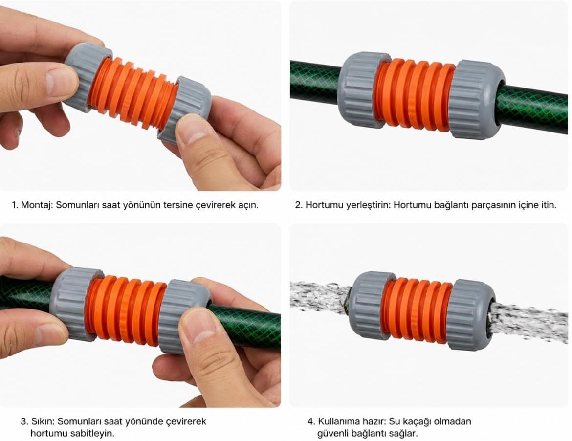 1/2 Bahçe Hortumu Bağlantı Eki 4'lü Set – Hortum Birleştirici, Hortum Tamir Aparatı, Sulama Hortumu Onarım ve Uzatma Adaptörü