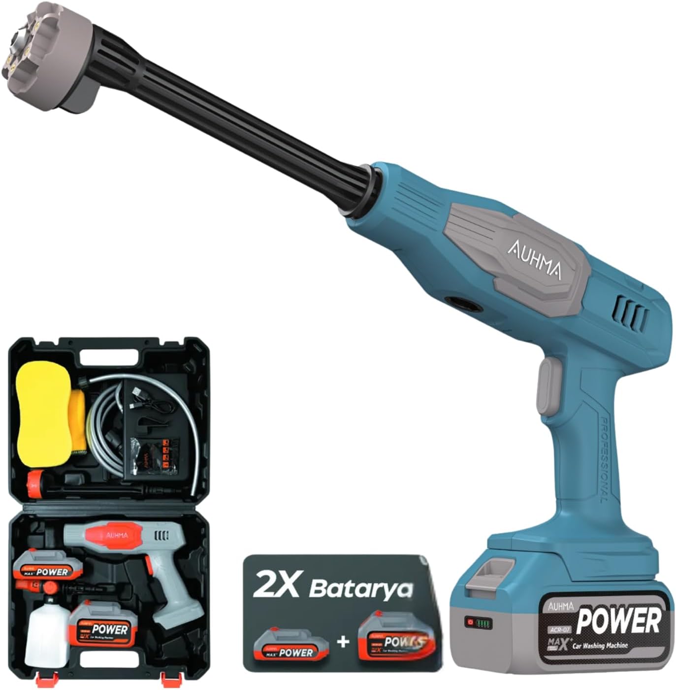 Auhma Acr07m Reel 203psı Çift Akülü Yeni Nesil Motor 12 Parça Profesyonel Oto Yıkama Tabancası