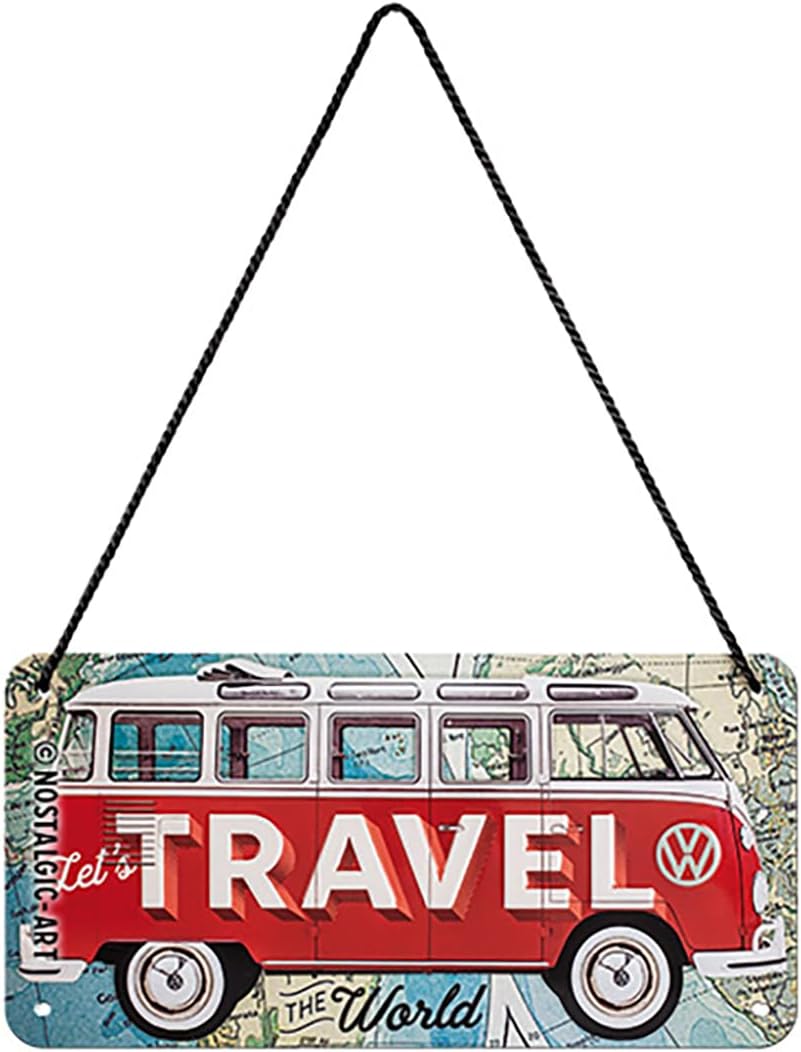 Retro asma levha Volkswagen Bulli T1 – Travel The World – VW Bus hayranları için hediye fikri, metal, vintage tasarım, 10 x 20 cm