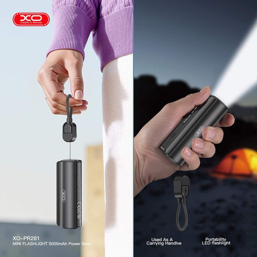 Fenerli Mini Powerbank 5000mAh – Type-C Lightning, Ultra Taşınabilir Şarj Cihazı, LED Fenerli, Type-C Giriş-Çıkış, 10.5W Hızlı Şarj Destekli, Kompakt ve Hafif Taşınabilir Powerbank, PR281, Siyah