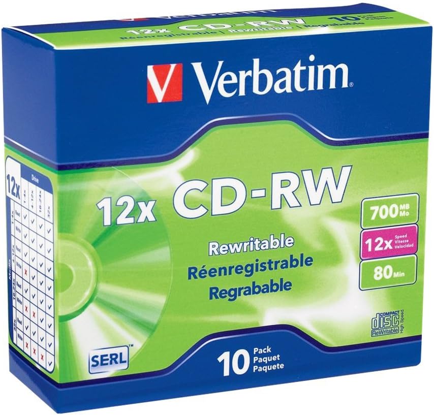 CD-RW 700MB 4X-12X Yeniden Yazılabilir Boş Medya - İnce Mücevher Kılıflarında 10 Disk, Gümüş