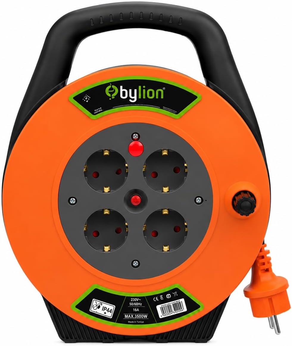 Makaralı Uzatma Kablosu, 4 Prizli, IP44, Dış Mekan Uzatma Kablosu, Termal Koruma, Güç Gösterge Işığı, 16A, 250V, Bahçe, Atölye, Şantiye Ev Kullanımı, Profesyonel Kalite (3x1,5 mm²/10 m) (Kapaksız)