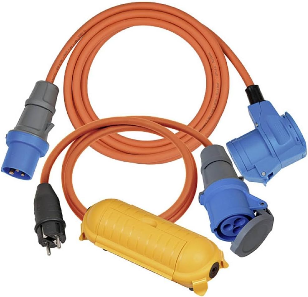 Kamp adaptör seti/CEE adaptör kablosu 1,5 m, CEE 230 V uzatma kablosu 3 m, Safe-Box Big IP44 (her kamp tatili için ideal kamp aksesuarı, IP44), turuncu