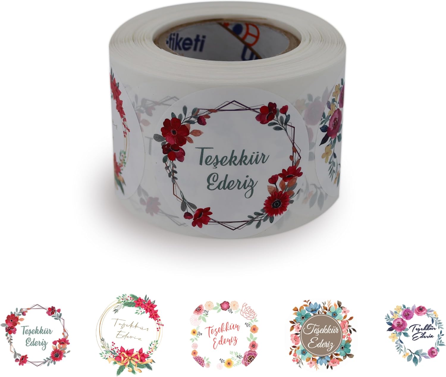 Teşekkür Ederiz Etiketi 5 Farklı Çiçek Deseni 50mm Çap Ruloda 500 Adet Kendinden Yapışkanlı Rulo Etiket, PP Opak E-ticaret